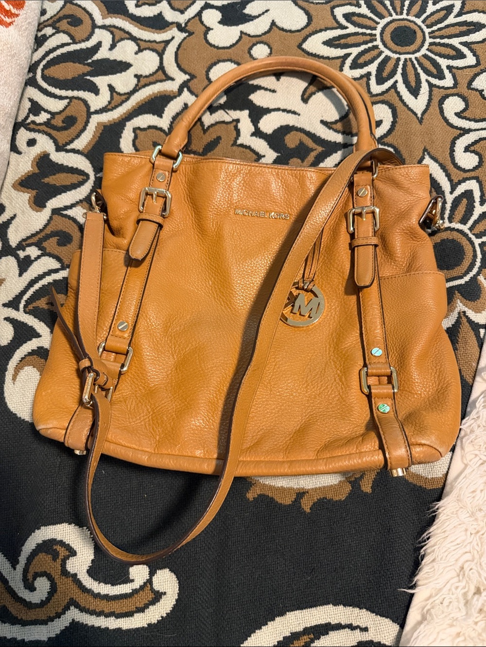 Michael Kors Cognac Leather Shoulder Tote with Gold Accent